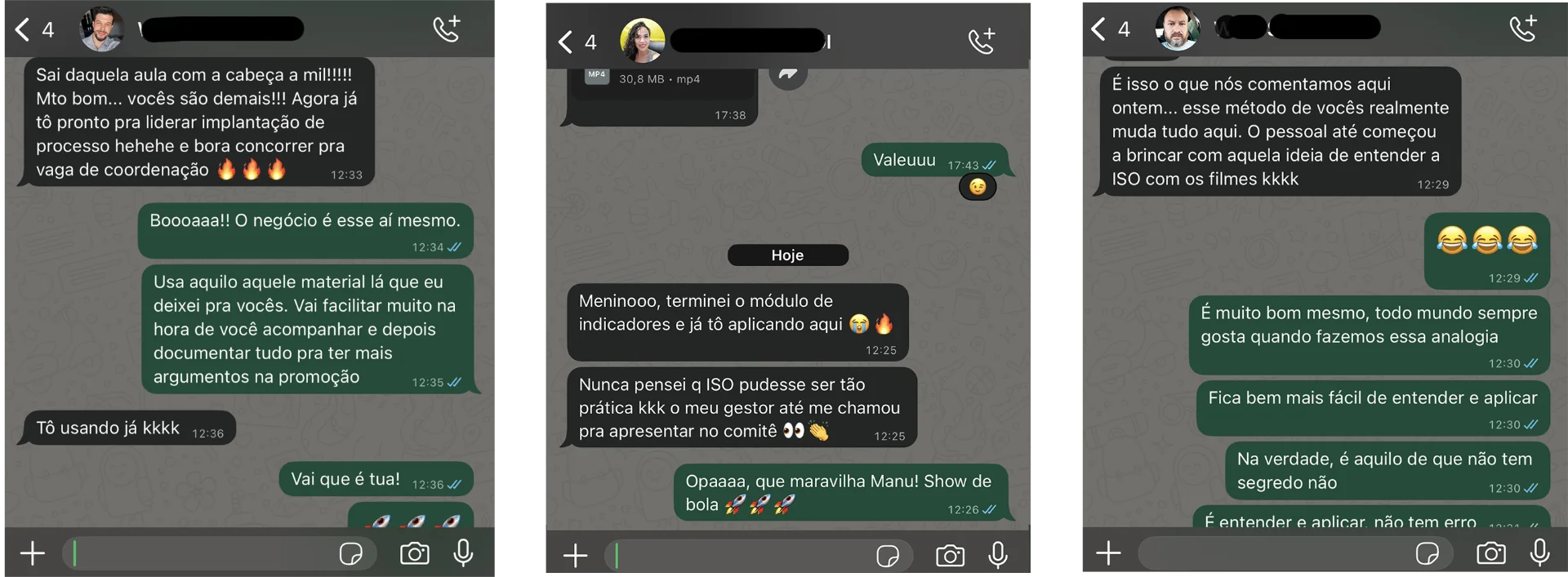 Depoimentos reais de alunos do Weet MASP via WhatsApp